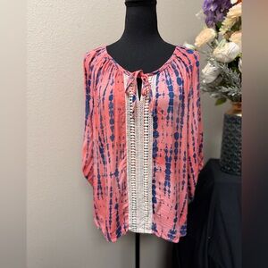 Vibrant Como Vintage Lace Front Blouse – Boho Chic in Coral & Blue Size L